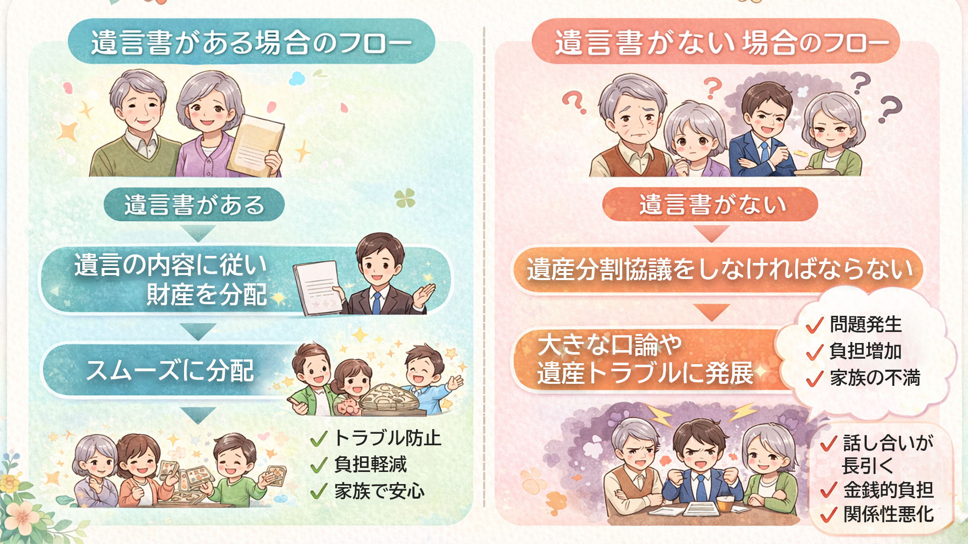 遺言書の有無による相続手続きの違い（フロー図）