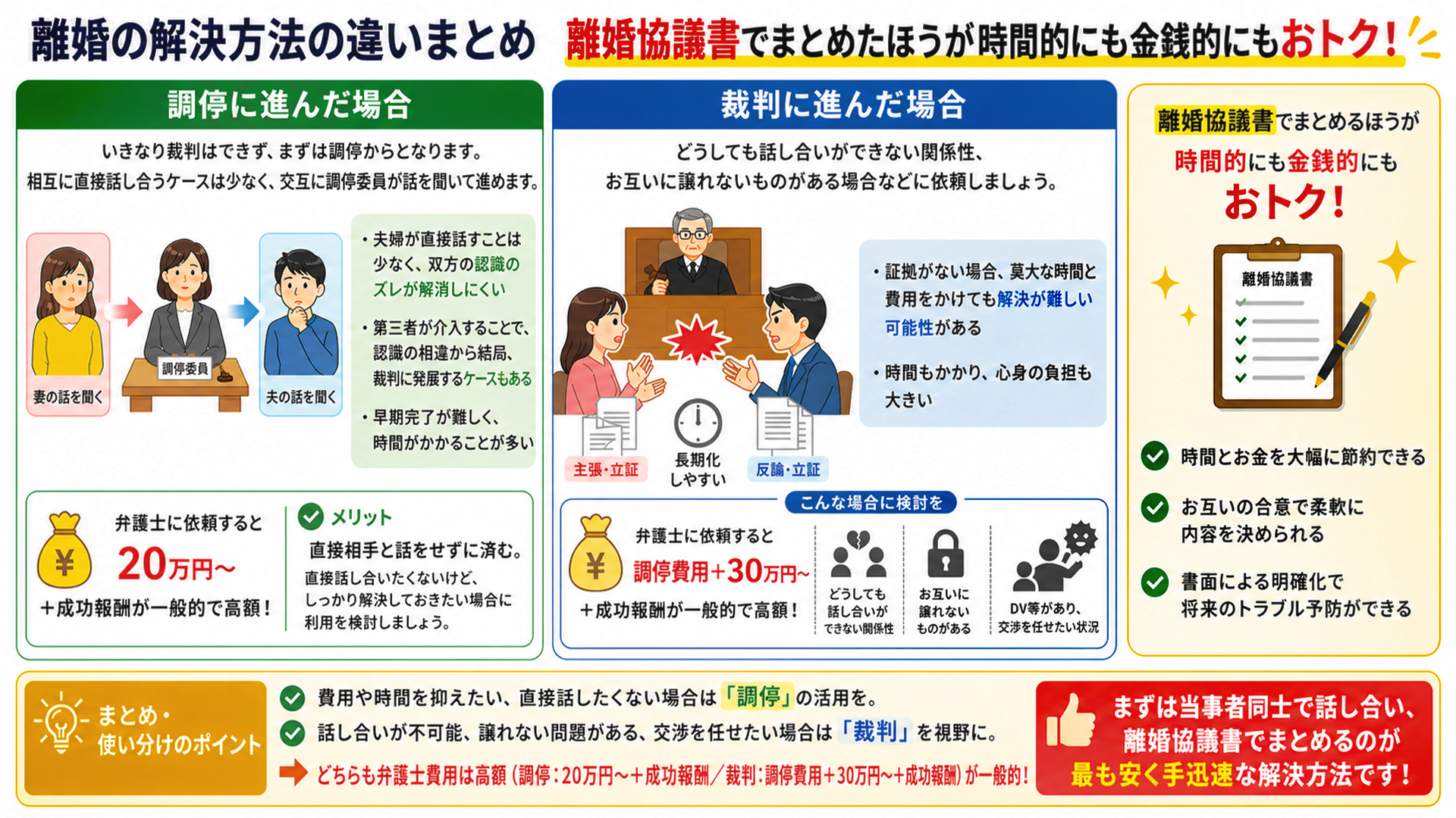 離婚の解決方法違いまとめ-調停・裁判・離婚協議書の比較