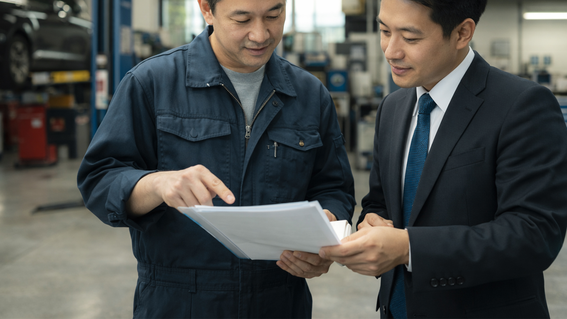 行政書士と依頼主が図面を見て認証申請の相談している