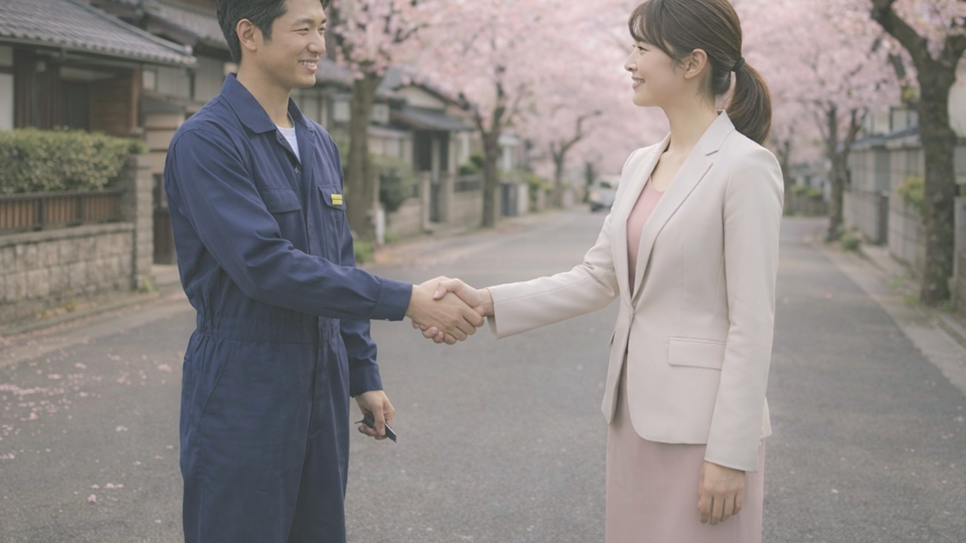 神奈川県の桜並木、整備士と女性が会話している