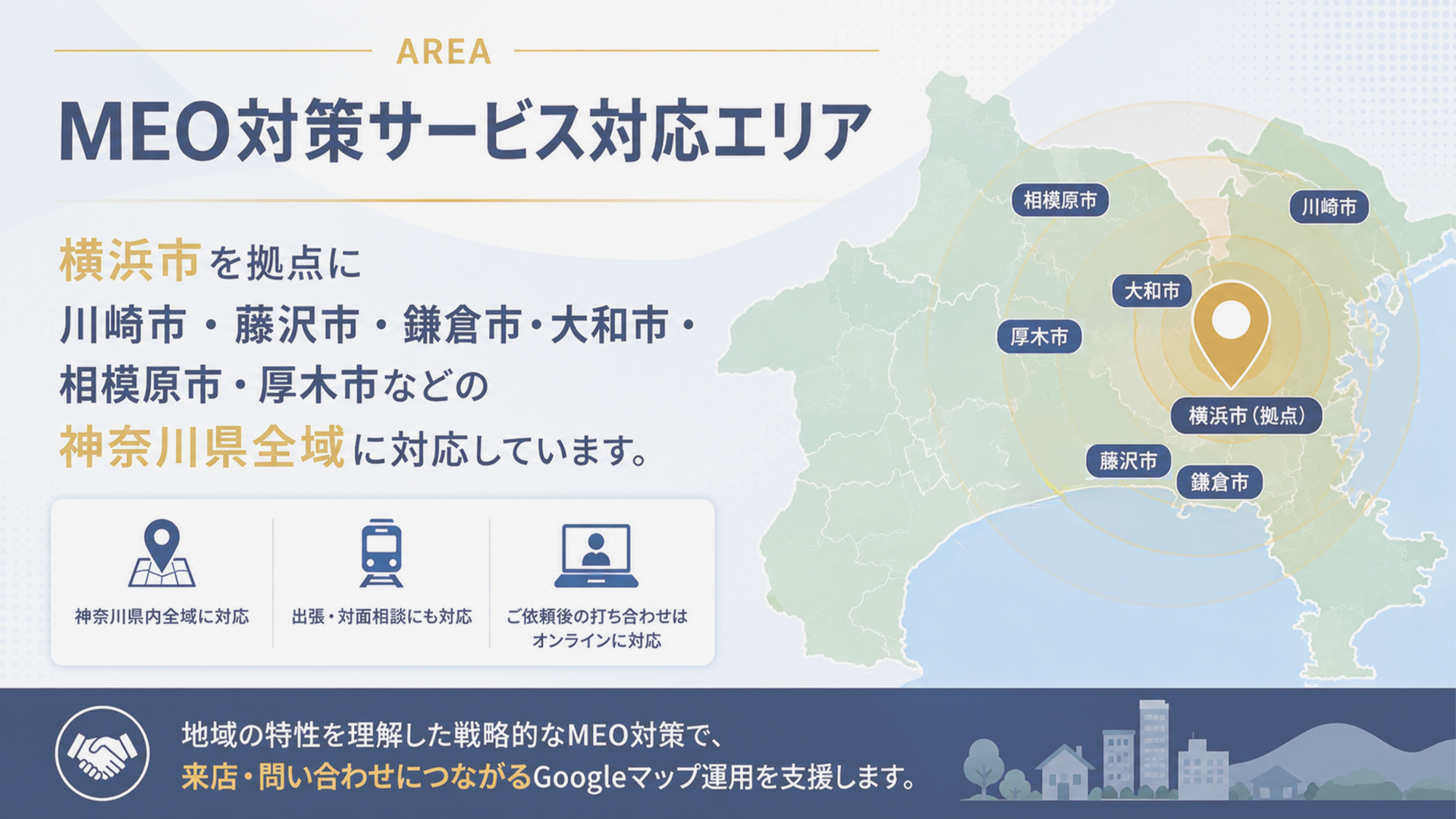 MEO対策サービス対応エリア-横浜市を拠点に川崎市・藤沢市・鎌倉市・大和市・相模原市・厚木市などの神奈川県全域
