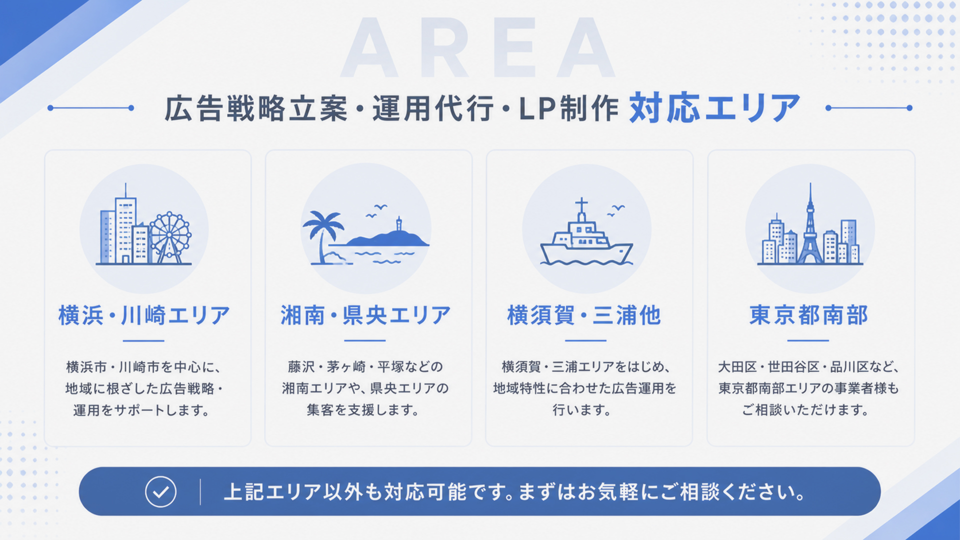 広告運用代行・LP制作 対応エリア-横浜市・神奈川県全域他南関東