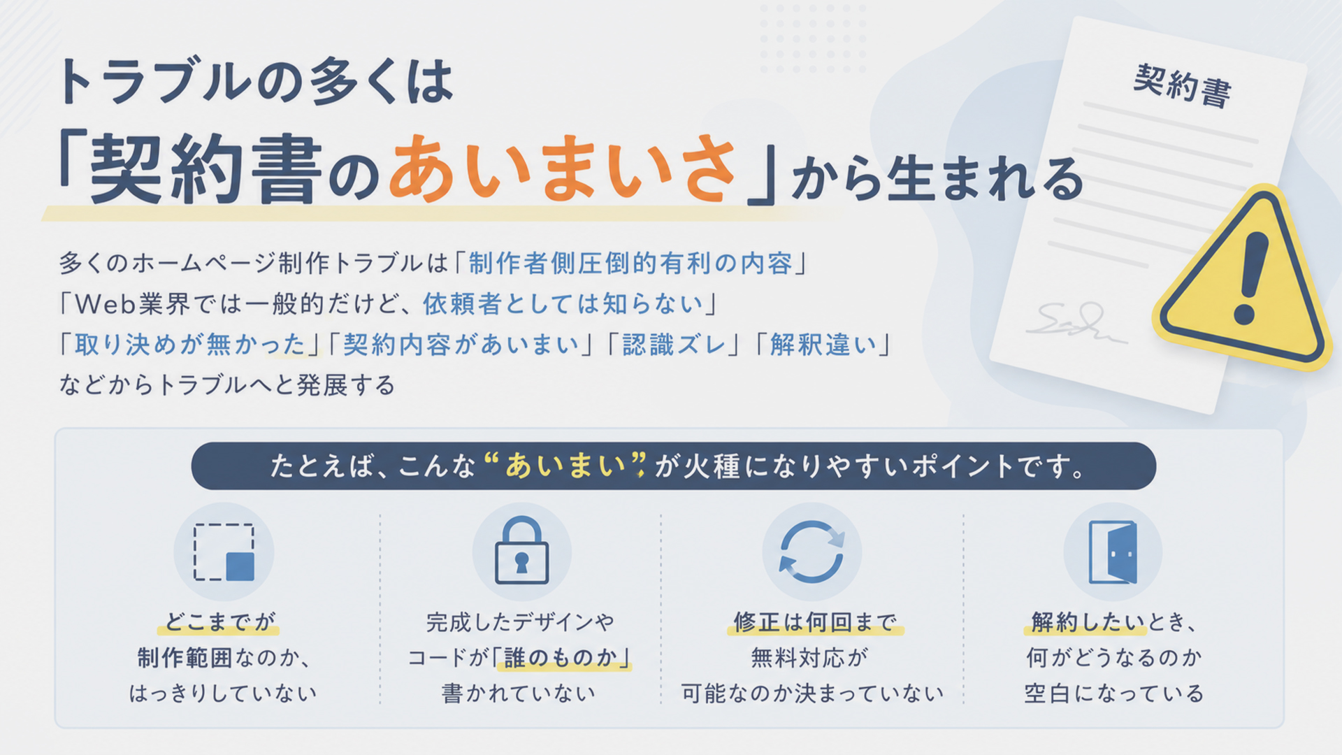 トラブルの多くは契約書のあいまいさから生まれる
