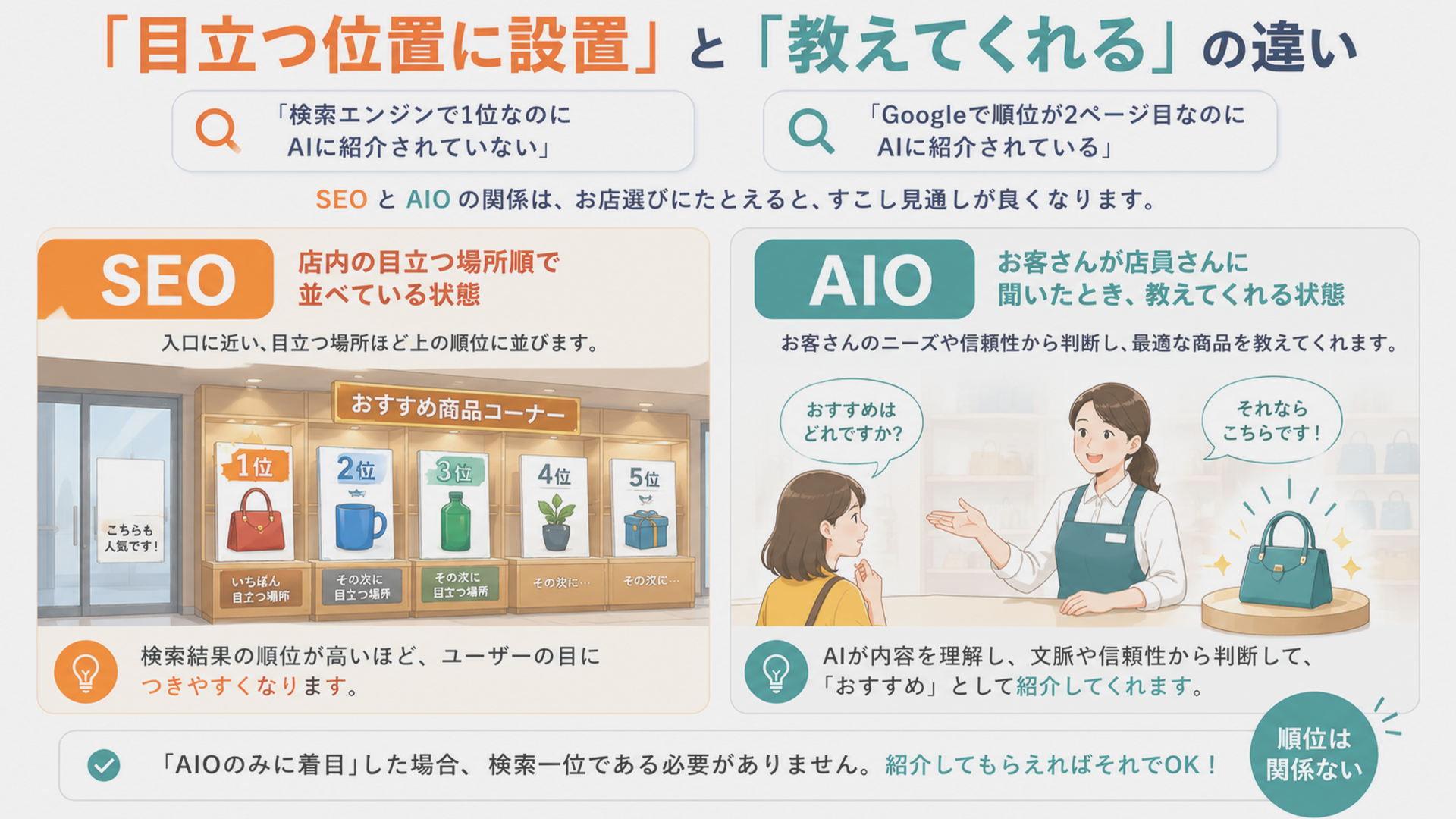 「目立つ位置に設置」と「教えてくれる」にたとえる