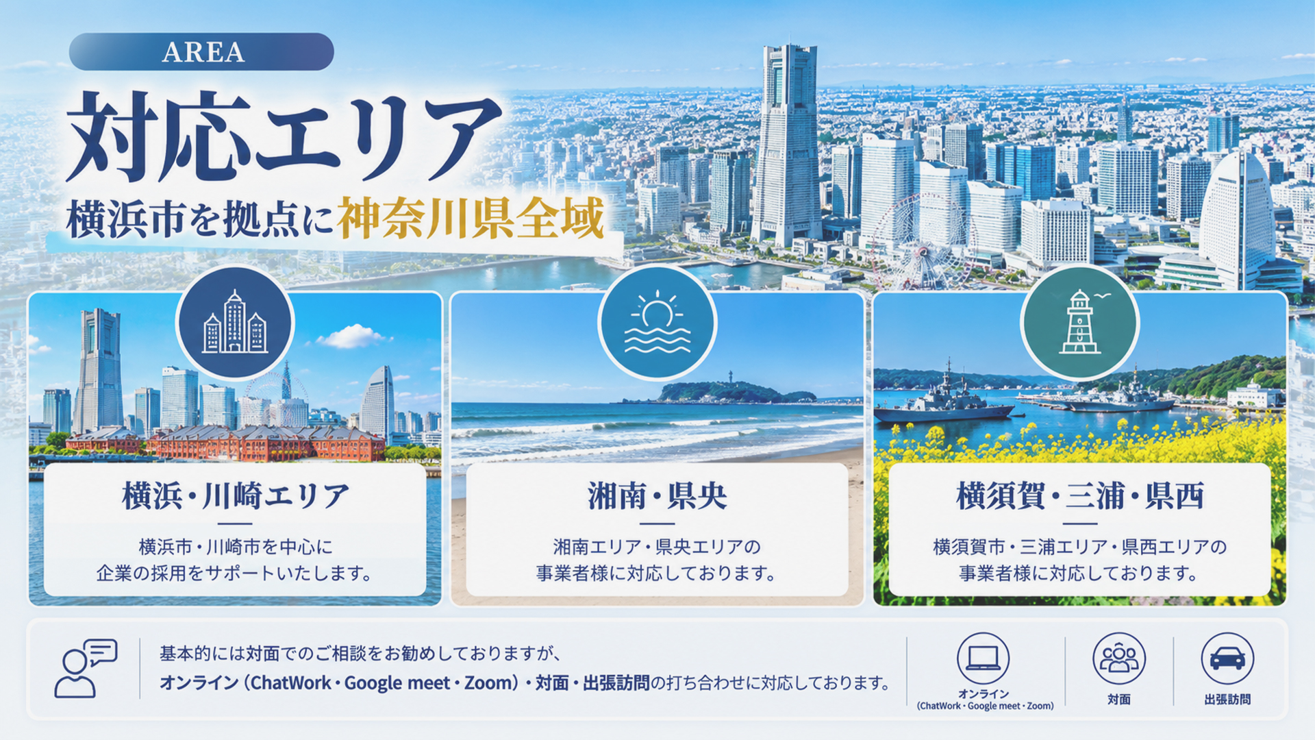 対応エリア-横浜市を拠点に川崎市・藤沢市・鎌倉市・大和市・相模原市・厚木市・横須賀市など神奈川県全域に対応