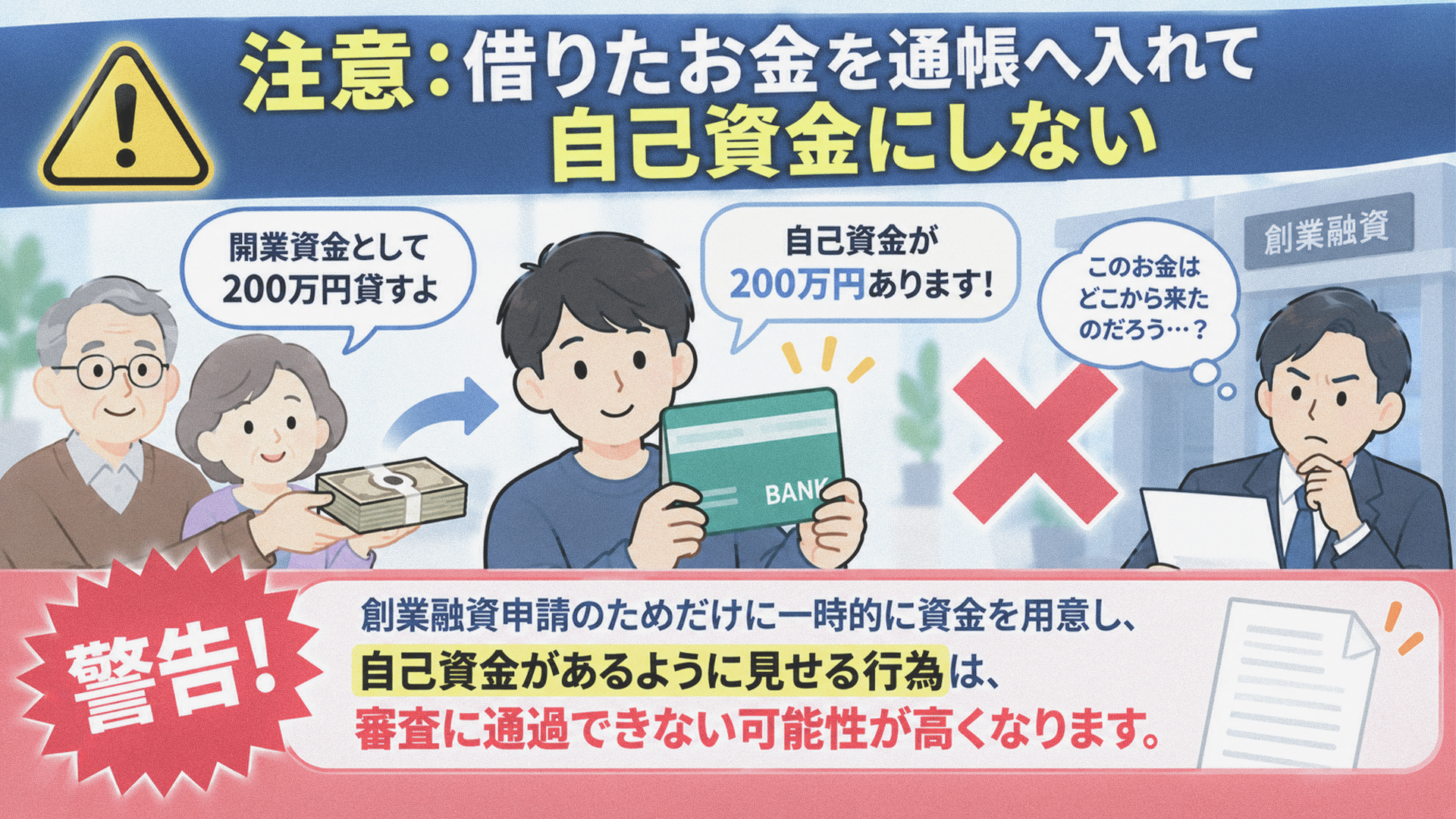 注意：借りたお金を通帳へ入れて自己資金にしない