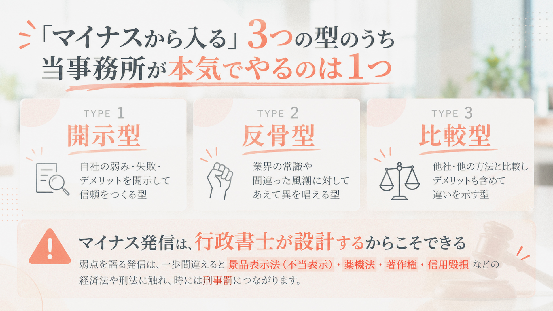 マイナスから入る」3つの型のうち当事務所が本気でやるのは1つ